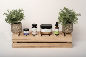 Several CBD products in a shelf.
